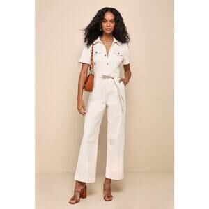 NWOT Lulus Practical Perfection Ivory Twill Short Sleeve Jumpsuit Career Sz XXL